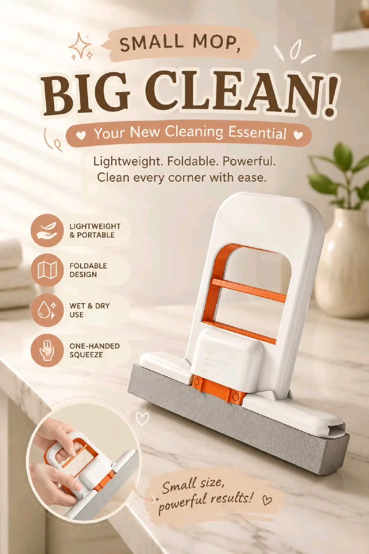 Foldable Mini Mop | Portable Desktop Wet & Dry Cleaning Mop | Self‑Squeezing